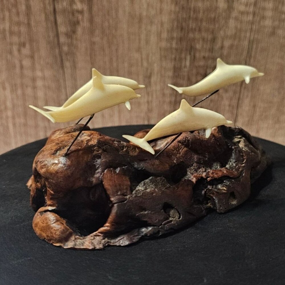 Vtg  John Perry Dolphin Pod on Burlwood  4 Dolphins 5" x 3.5" x 3.25" No Badge